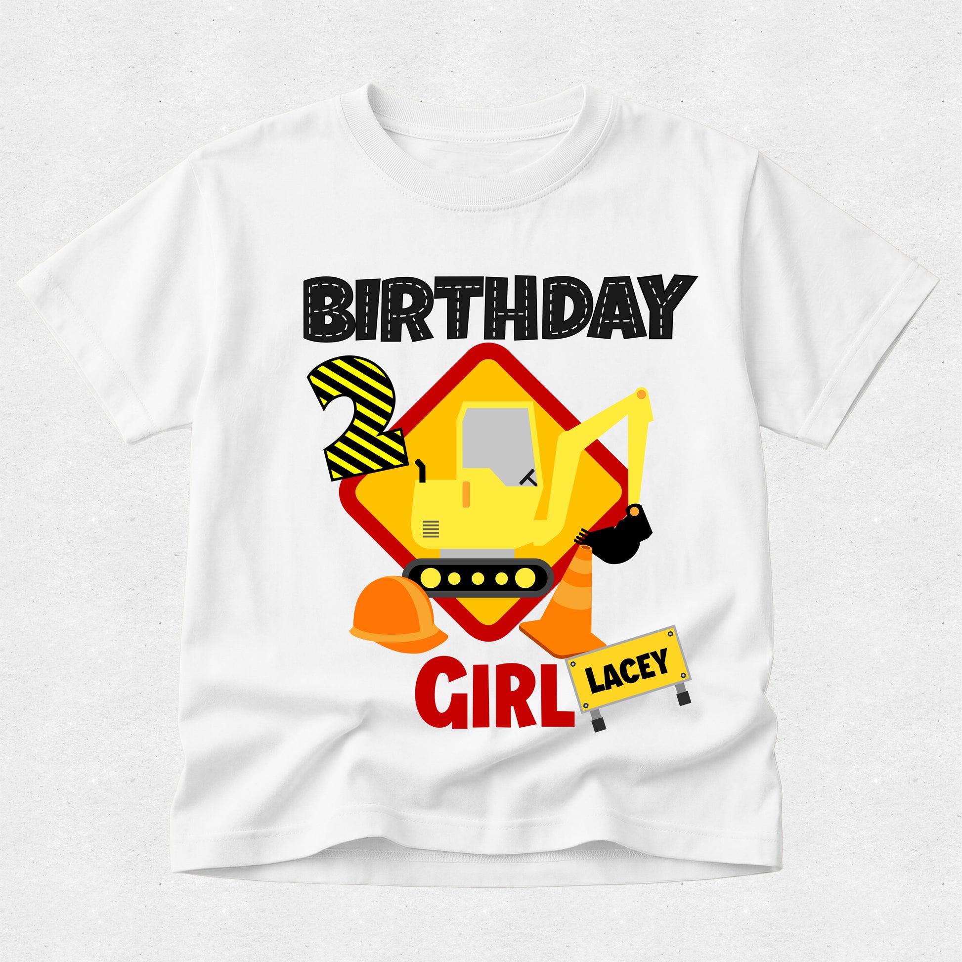 White t-shirt with a cartoon character and 'Birthday Girl Lacey' text on a white background