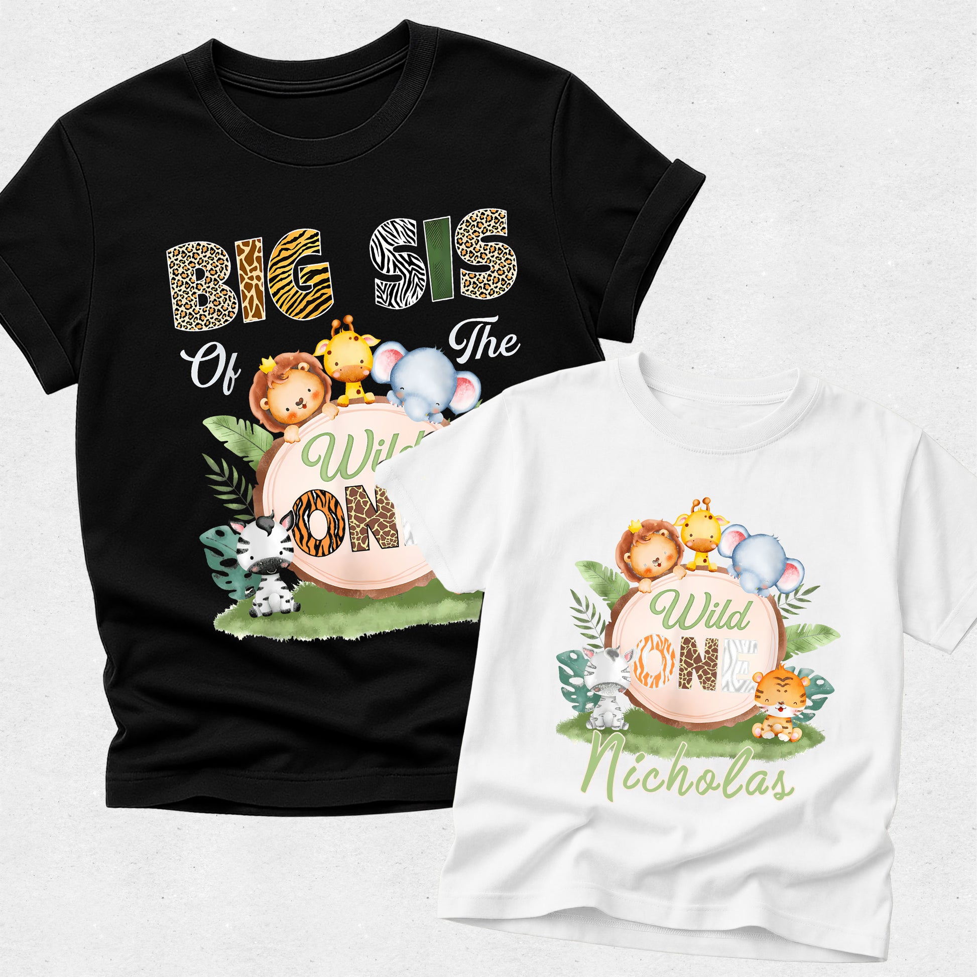 Black and white t-shirts with jungle-themed graphics and text on a light gray background