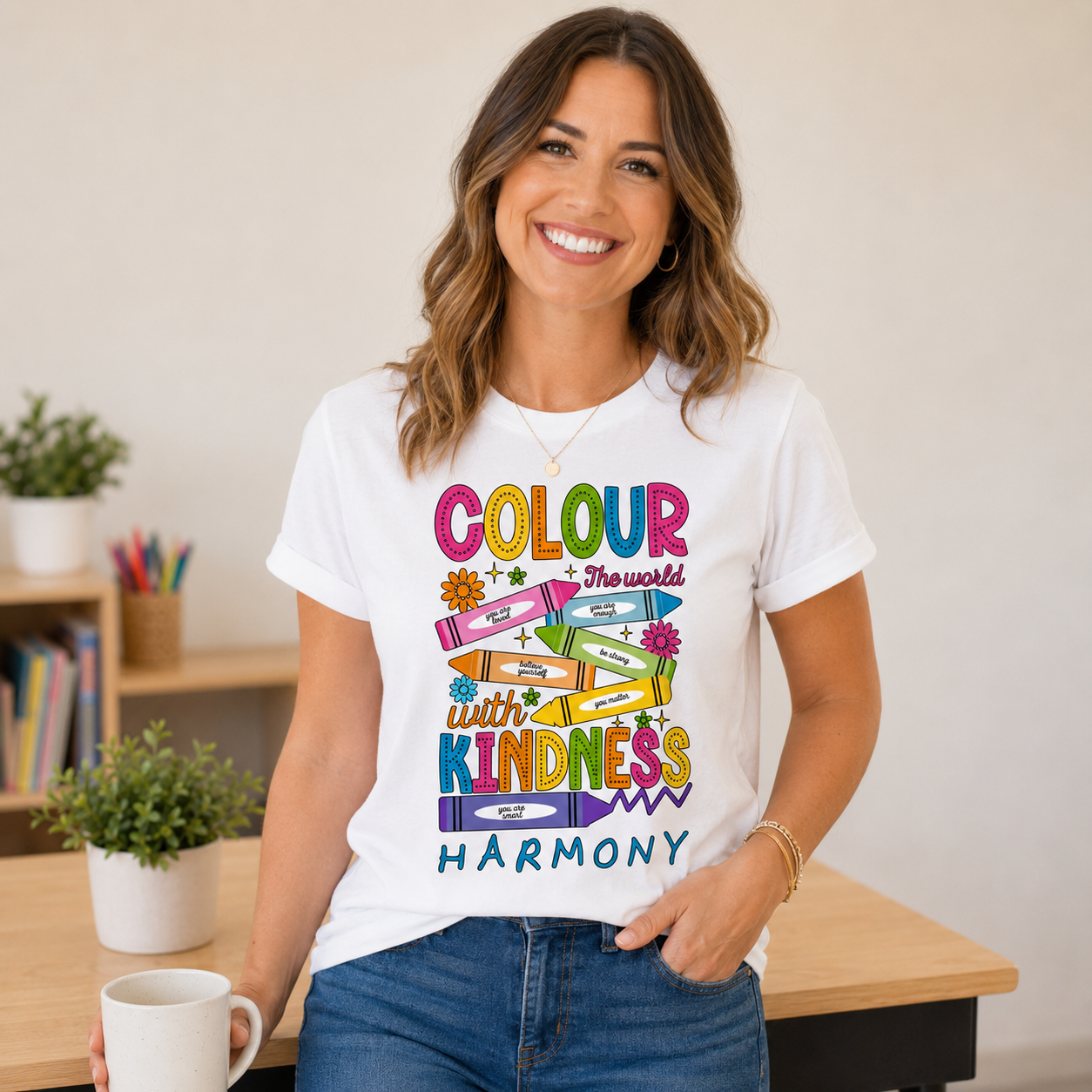 woman wearing white tshirt colour world with kindess