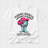 White t-shirt with 'Disco Squad Let's Boogie' graphic design featuring a disco ball, pink hat, and boots.