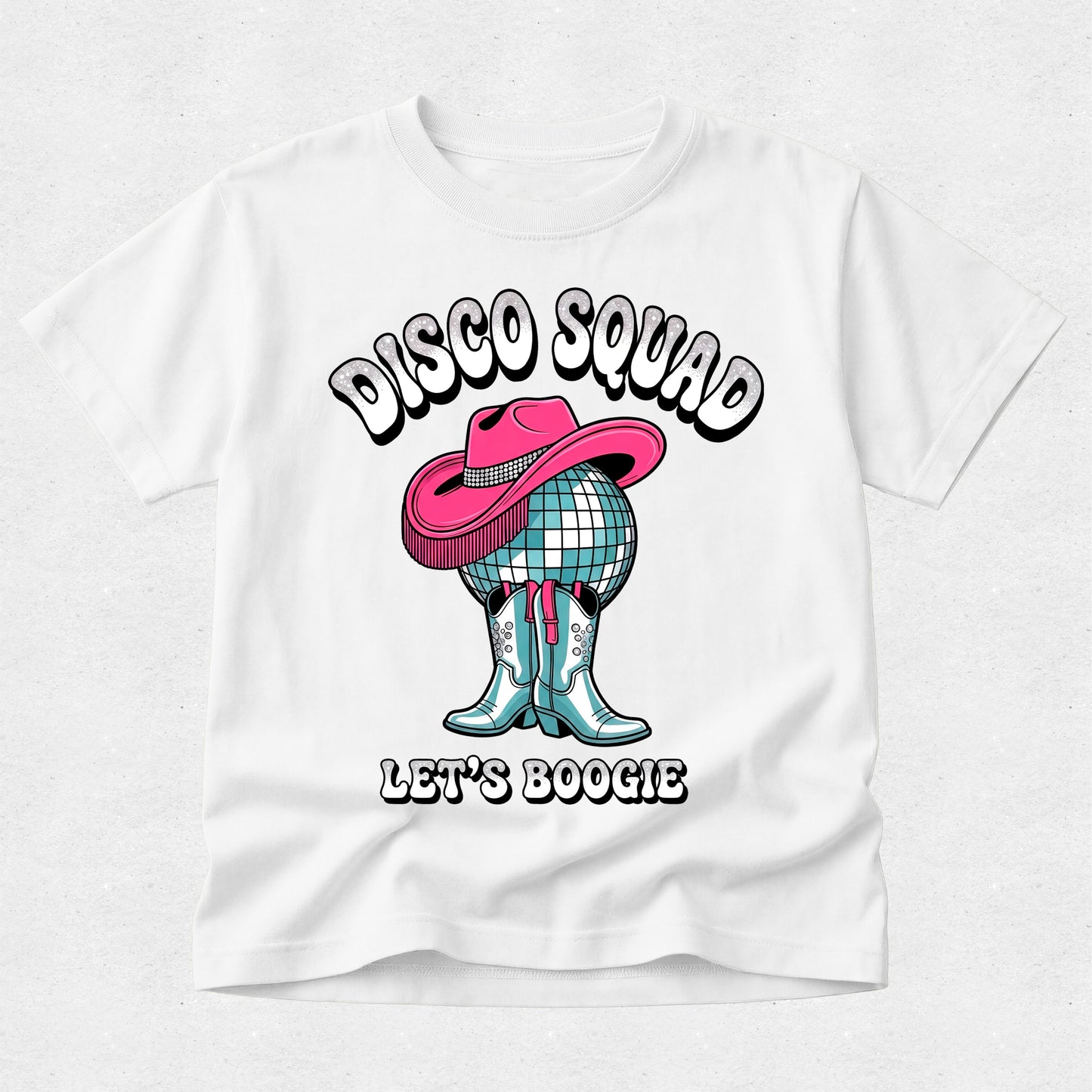White t-shirt with 'Disco Squad Let's Boogie' graphic design featuring a disco ball, pink hat, and boots.