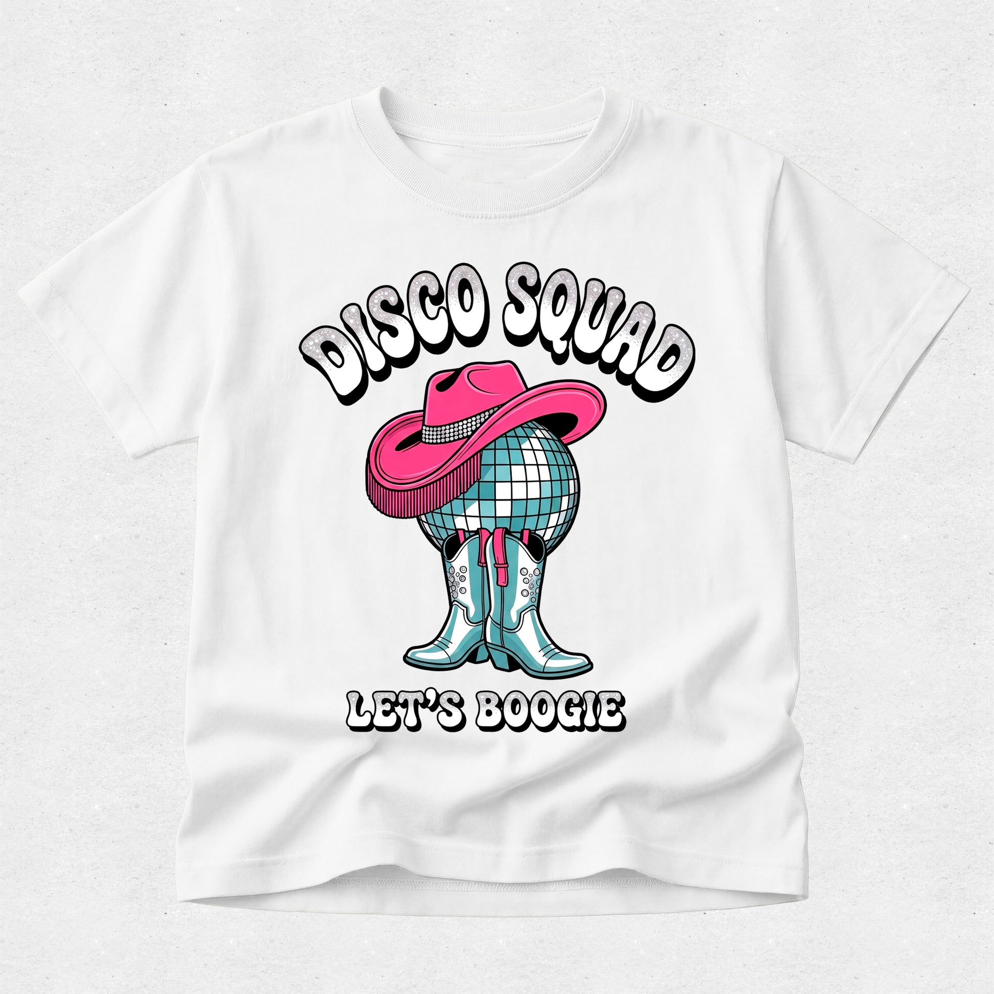 White t-shirt with 'Disco Squad Let's Boogie' graphic design featuring a disco ball, pink hat, and boots.