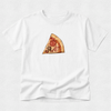 A white short-sleeve crewneck t-shirt featuring a printed slice of pepperoni pizza on the chest, displayed flat against a light gray textured background.