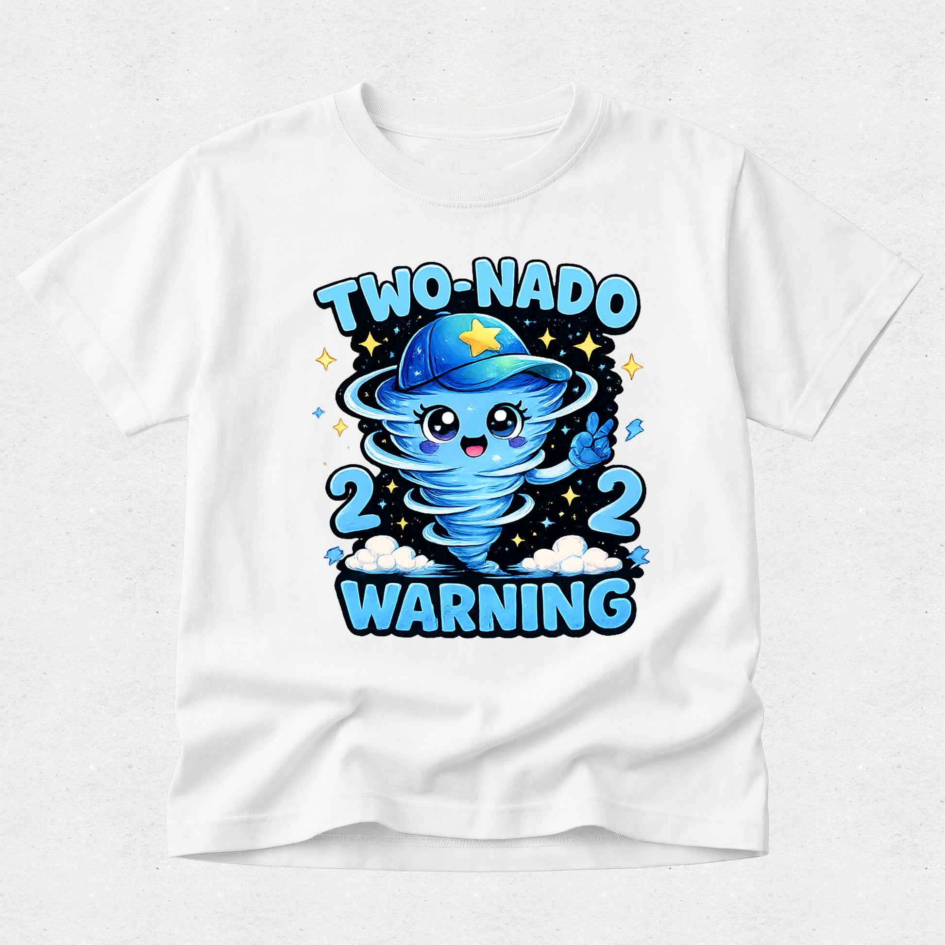 White t-shirt with a cartoon character in a blue cap and the text 'Two-Nado 2 Warning' on a white background