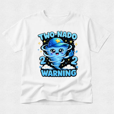 White t-shirt with a cartoon character in a blue cap and the text 'Two-Nado 2 Warning' on a white background