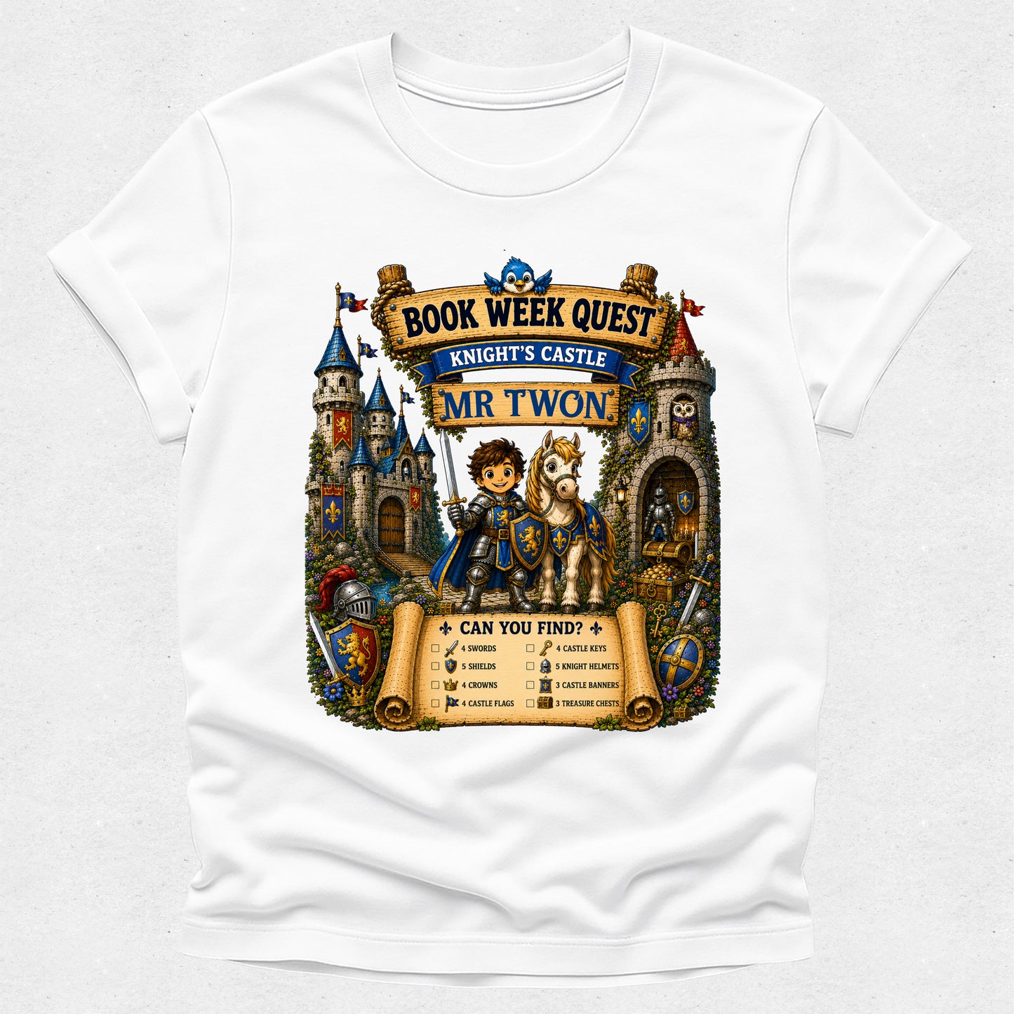 A white short-sleeve crewneck t-shirt featuring a colorful graphic print on the front. The graphic is titled 'Book Week Quest: Knight's Castle' and depicts a knight in shining armor on a white horse, a castle, and a scroll with clues at the bottom.