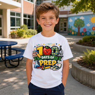 Child wearing a '100 Days of Prep' t-shirt outdoors in front of a school building.