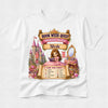 A white short-sleeve crewneck t-shirt featuring a colorful graphic print of a 'Book Week Quest Princess Palace' themed design with a cartoon princess, castle, and checklist.