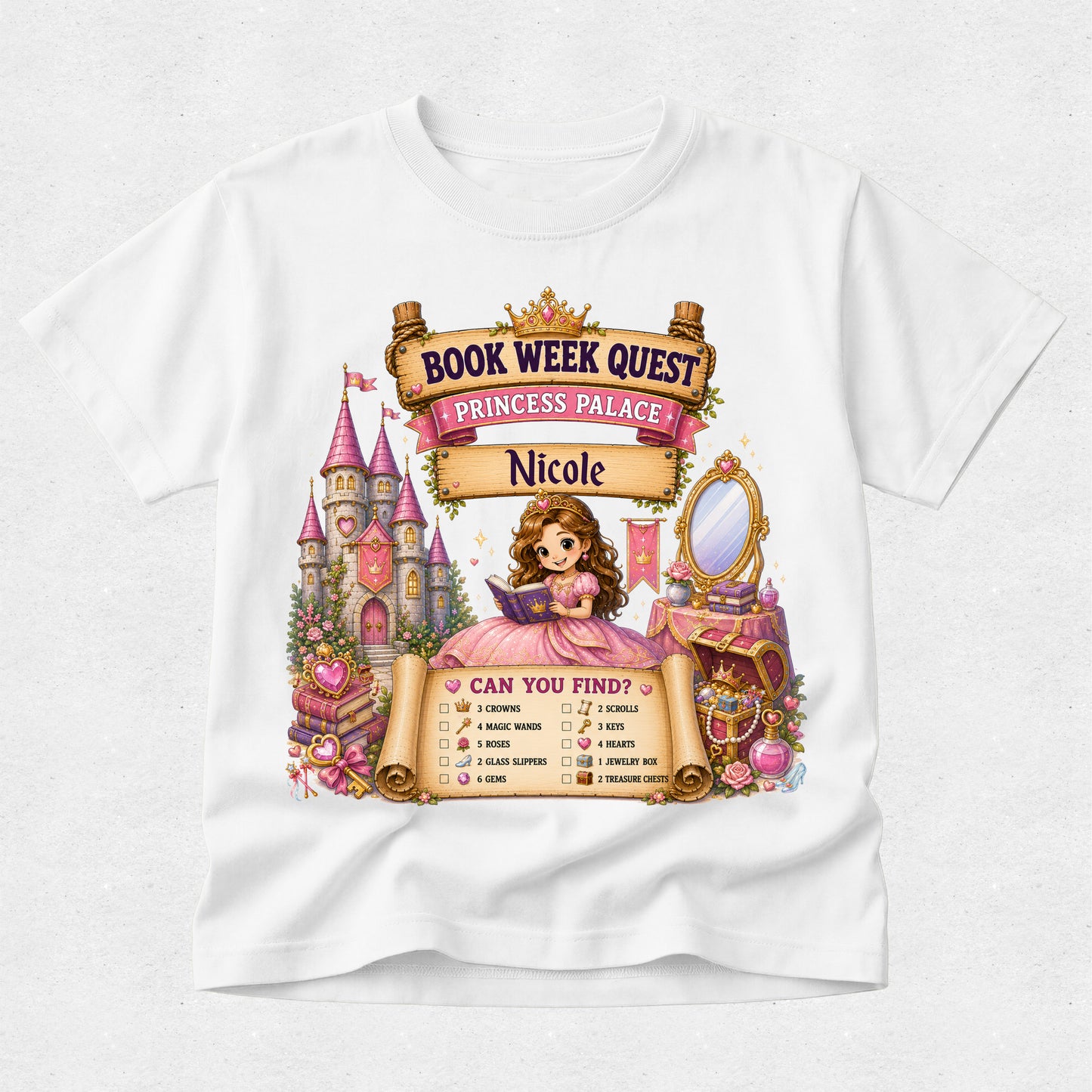 A white short-sleeve crewneck t-shirt featuring a colorful graphic print of a 'Book Week Quest Princess Palace' themed design with a cartoon princess, castle, and checklist.