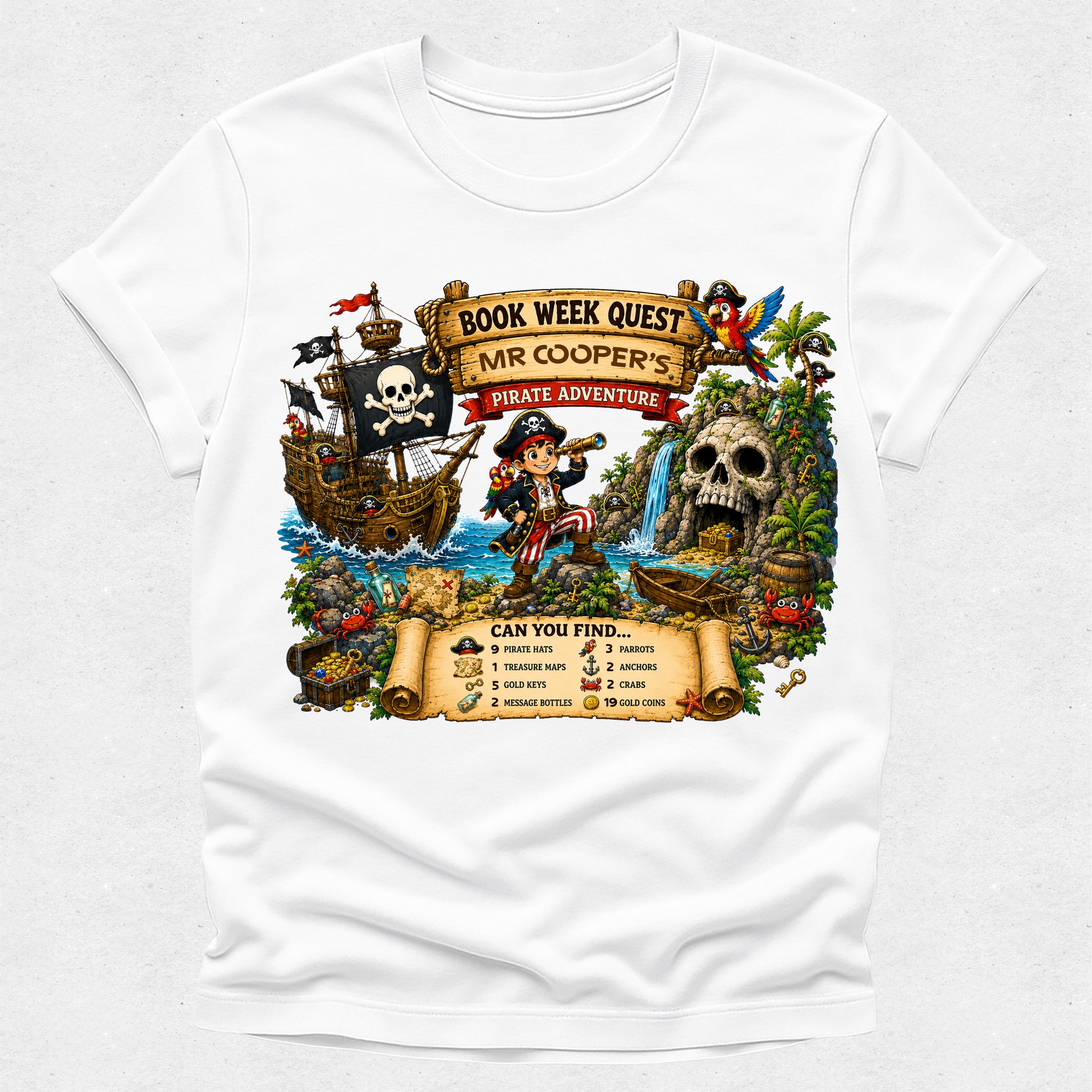 A white short-sleeve crewneck t-shirt featuring a colorful graphic print of a pirate treasure map and a book-themed pirate scene with skulls, a ship, and a skeleton keyhole.