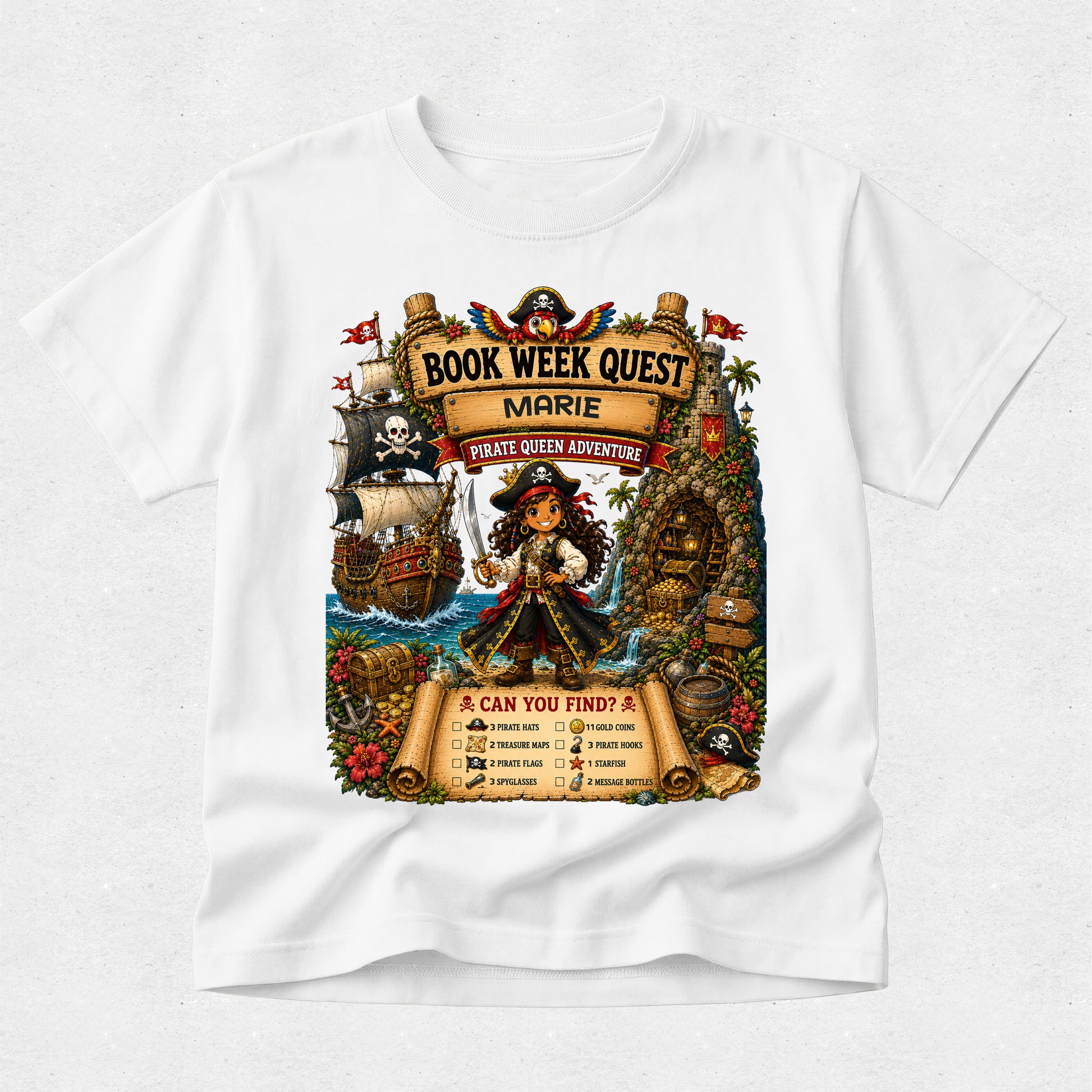 A white short-sleeve crewneck t-shirt featuring a large, colorful pirate-themed graphic on the front. The graphic depicts a pirate character named Marie on a treasure map labeled 'Book Week Quest: Marie - Pirate Queen Adventure', surrounded by a ship, treasure chest, and a pirate flag.