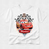 White t-shirt with a cartoon car design and 'Daniel' on a white background