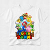 White t-shirt with colorful 'Super Mario' design featuring characters and text on a white background