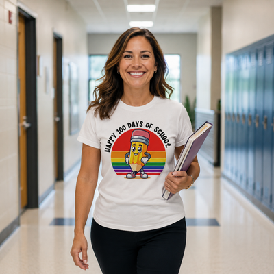 Woman in a school hallway wearing a 'Happy 100 Days of School' t-shirt with a rainbow pencil design.