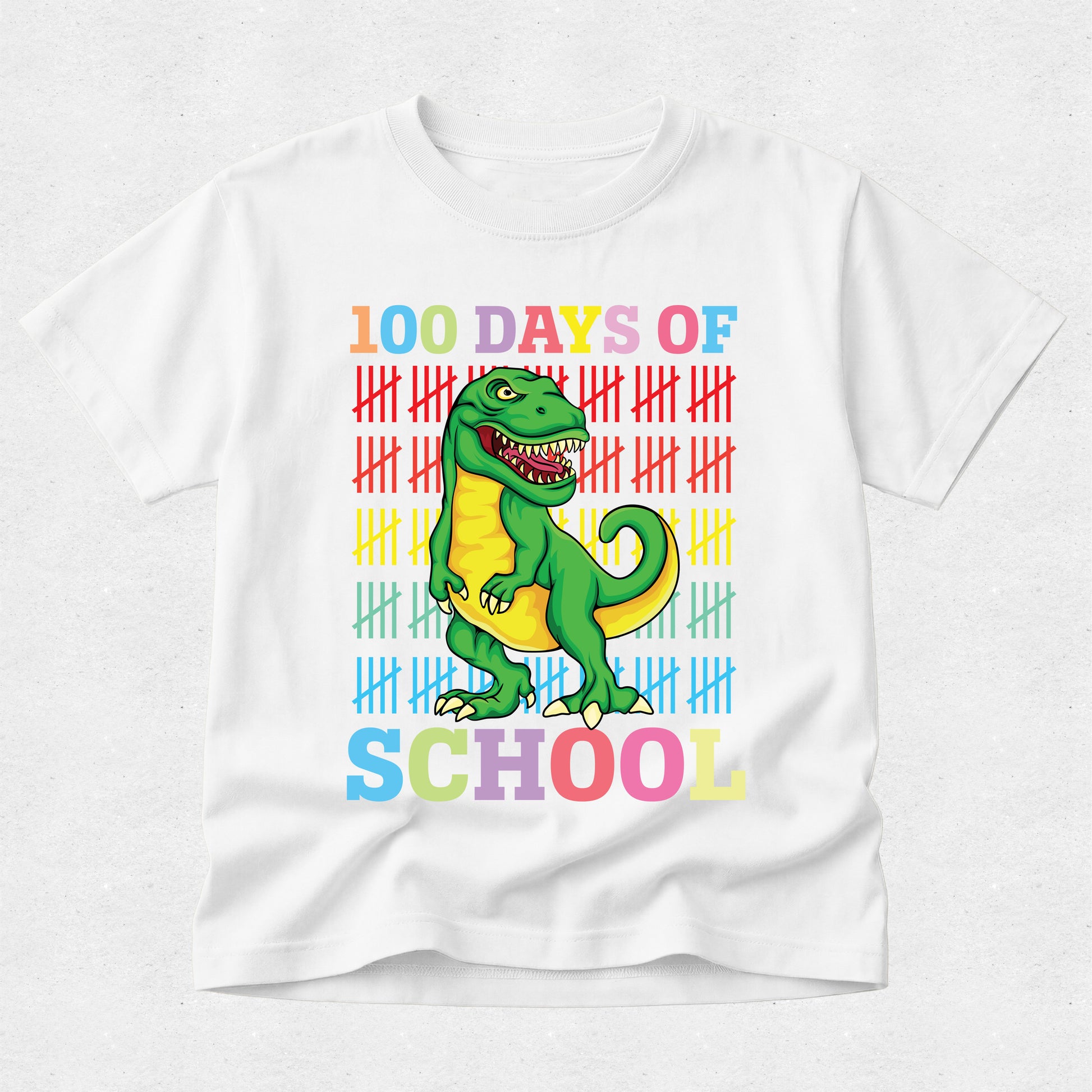 White t-shirt with a dinosaur graphic and '100 Days of School' text on a white background