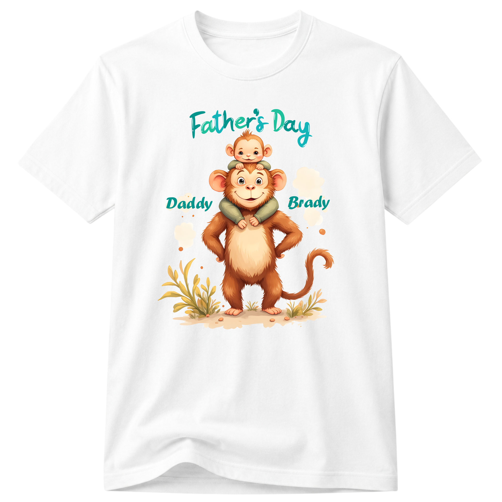 A white short-sleeve crewneck t-shirt featuring a colorful graphic of a cartoon baby monkey sitting on its dad's shoulders. The graphic includes the text 'Father's Day' in teal above and 'Daddy Brady' in teal below, with small beige and green decorative elements at the bottom.