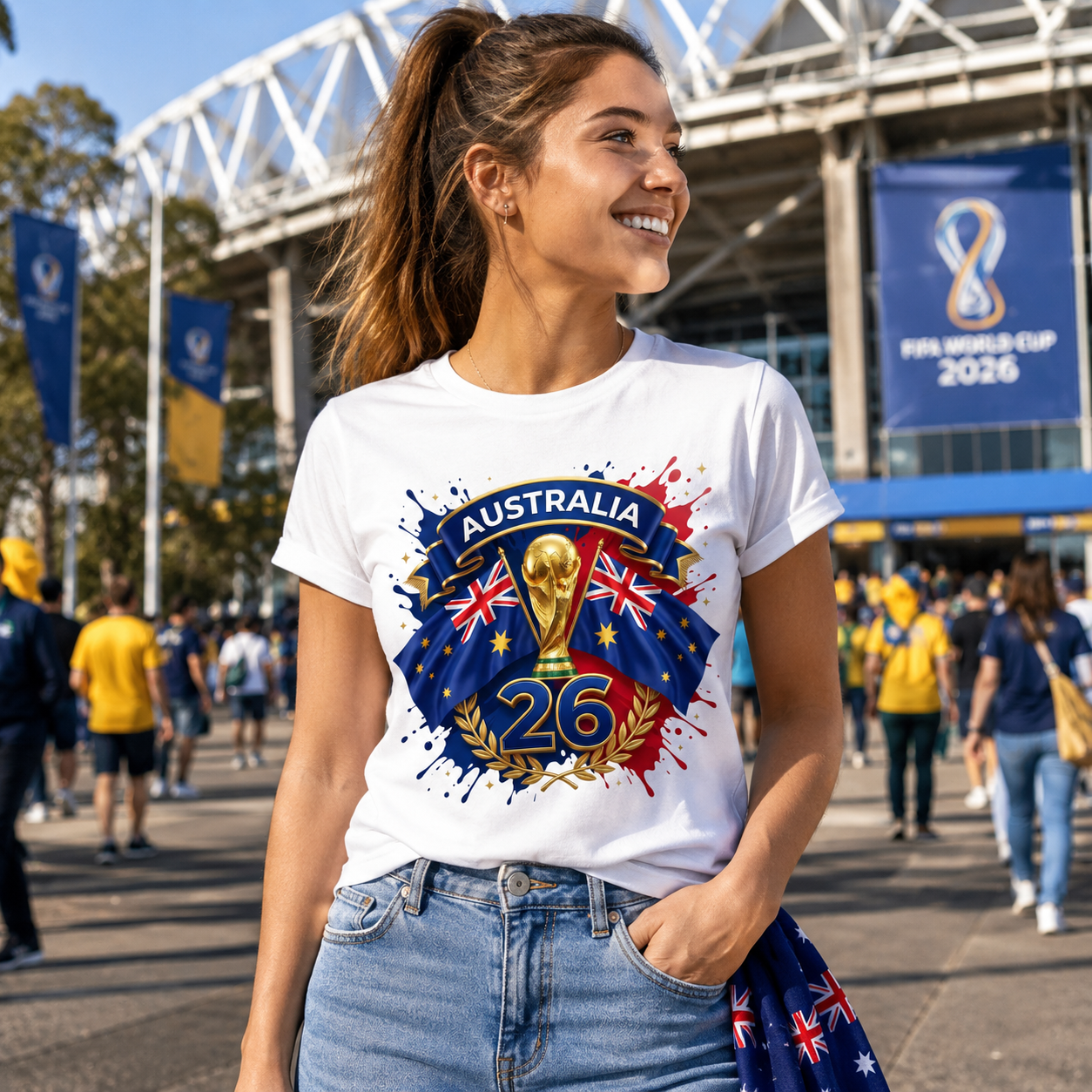 Woman wearing a white t-shirt with Australia 2026 design at a sports event.