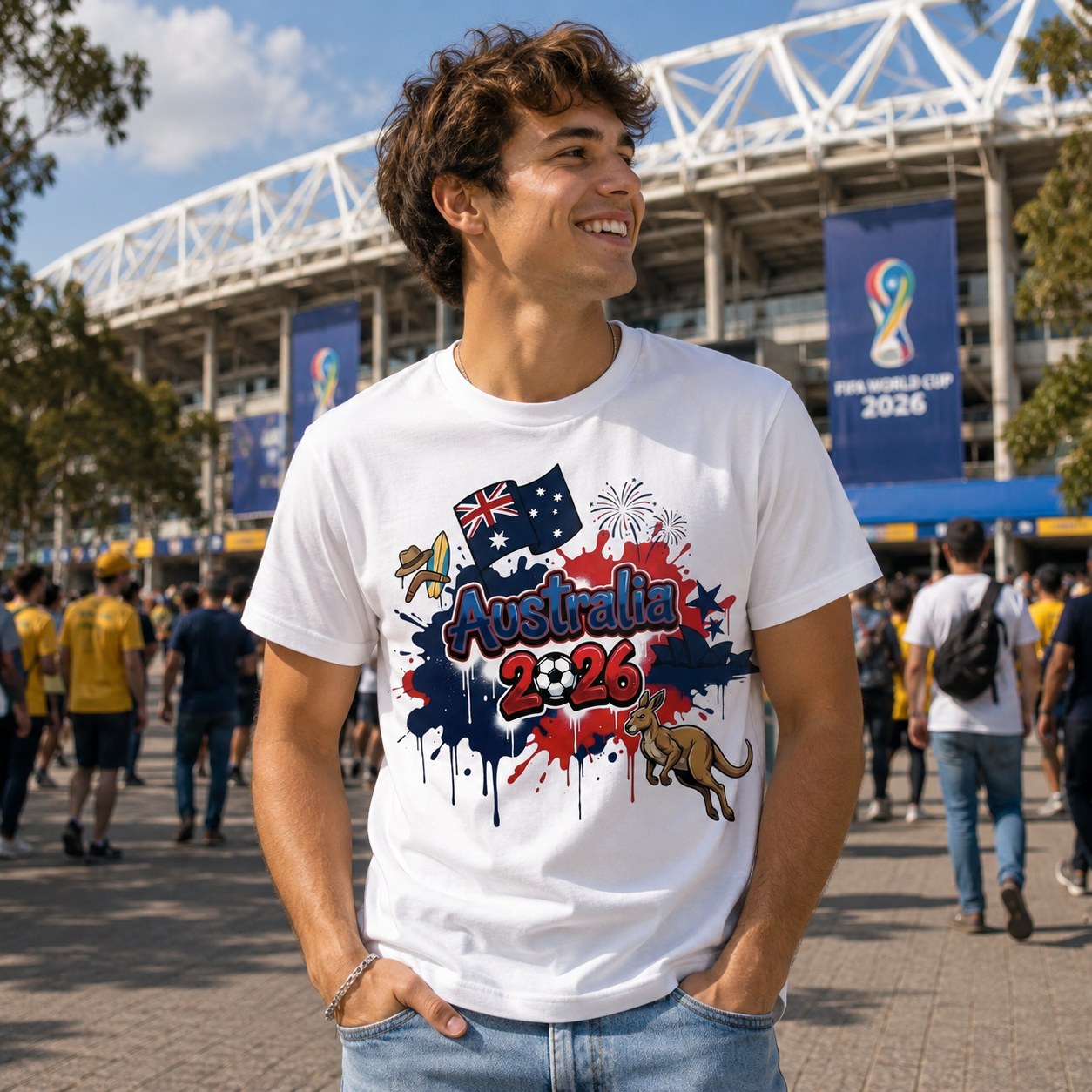 Person wearing a white t-shirt with Australia 2026 design at a stadium event.
