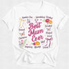 White t-shirt with decorative text and graphics on a white background