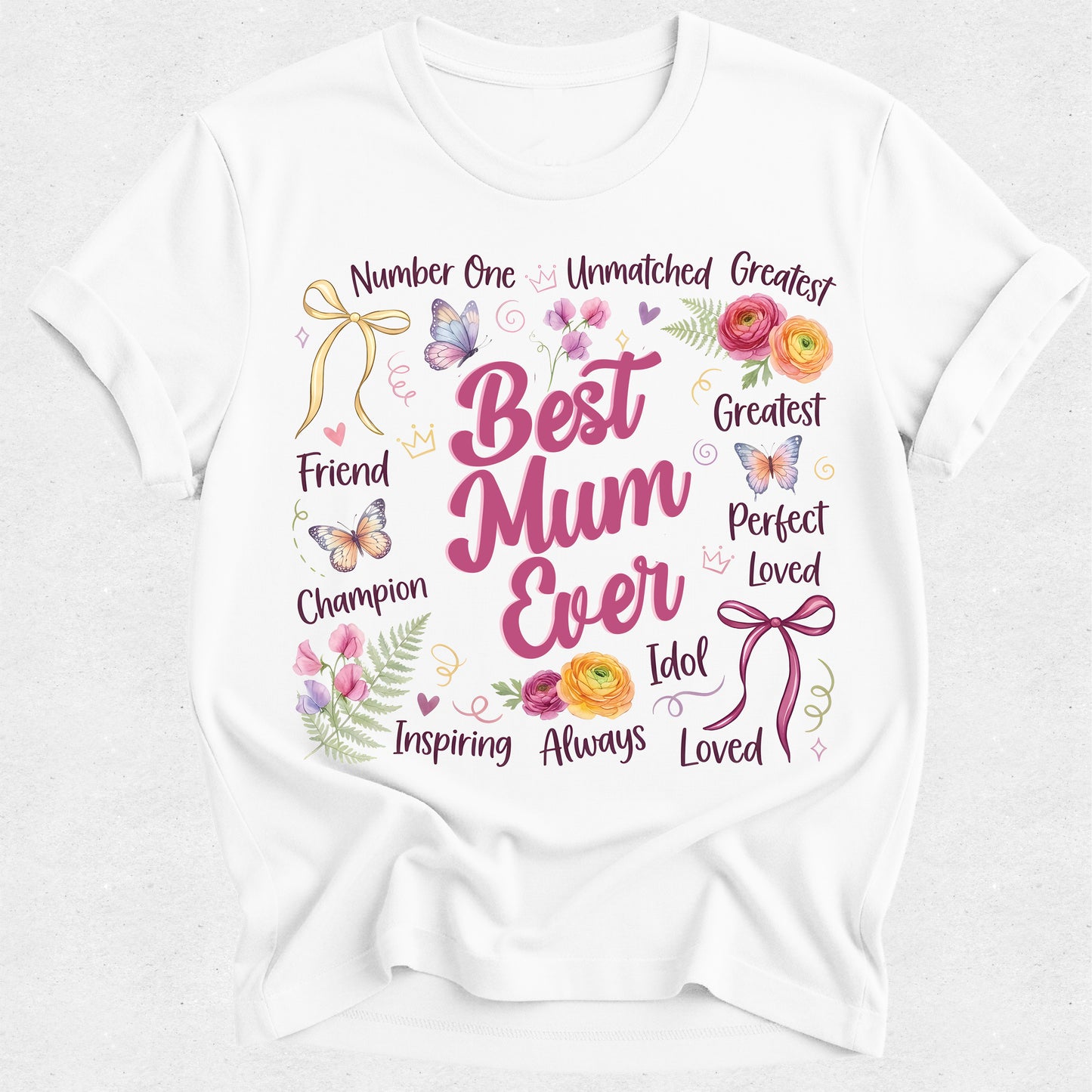 White t-shirt with decorative text and graphics on a white background