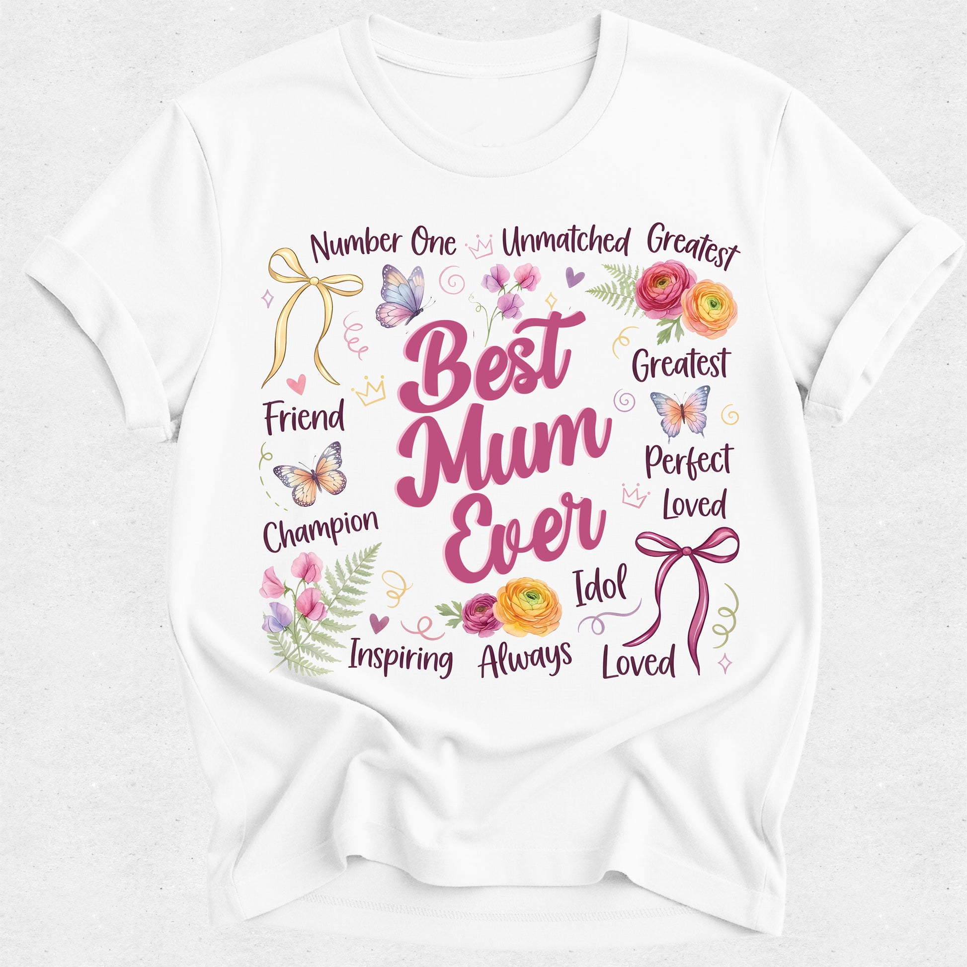 White t-shirt with decorative text and graphics on a white background