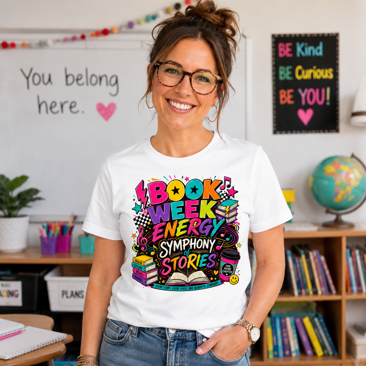 Person wearing a 'Book Week Energy Symphony Stories' t-shirt in a classroom setting