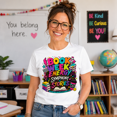 Person wearing a 'Book Week Energy Symphony Stories' t-shirt in a classroom setting