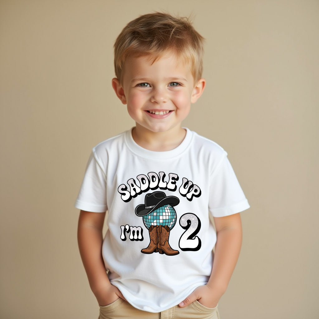 Child wearing a white t-shirt with a cowboy design and text on a beige background