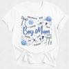 White t-shirt with decorative text and floral elements on a white background