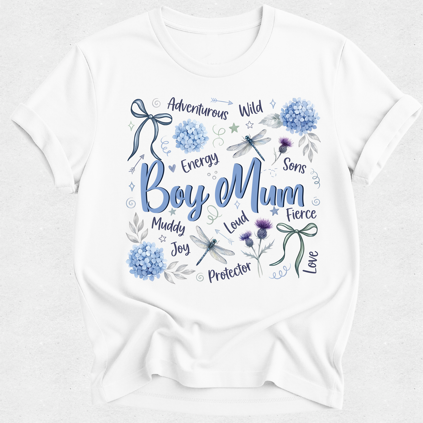 White t-shirt with decorative text and floral elements on a white background