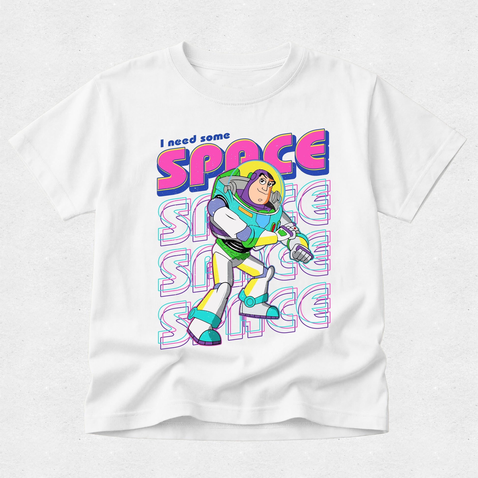 White t-shirt with Buzz Lightyear graphic and 'I need some space' text on a white background