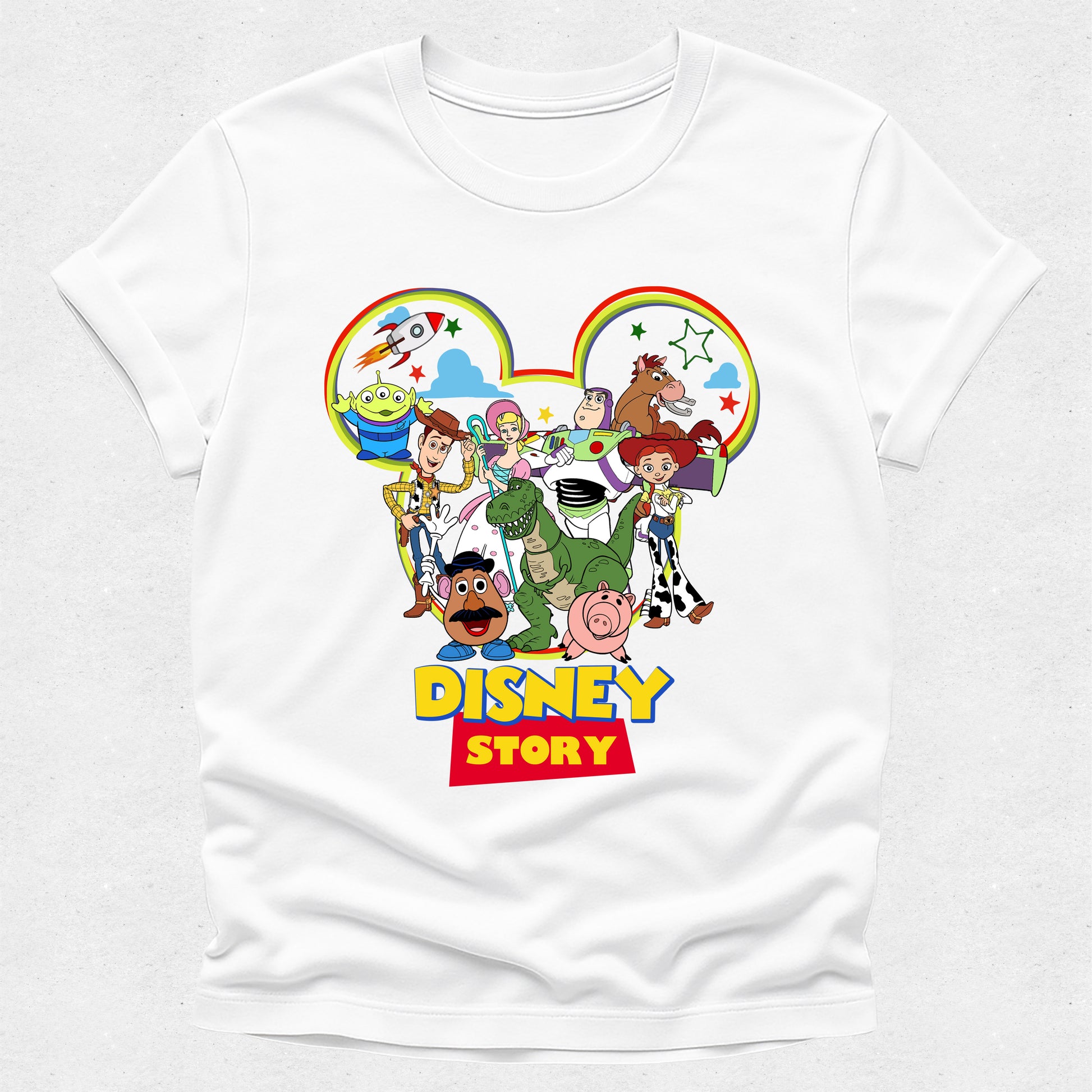 White t-shirt with Disney Story characters and logo on a white background