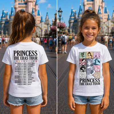 A young girl is shown in a split front-and-back view wearing a white graphic T-shirt and denim shorts in front of a castle, with the shirt featuring the text 'PRINCESS THE ERAS TOUR' and character illustrations on the front, and a list of dates and locations on the back.