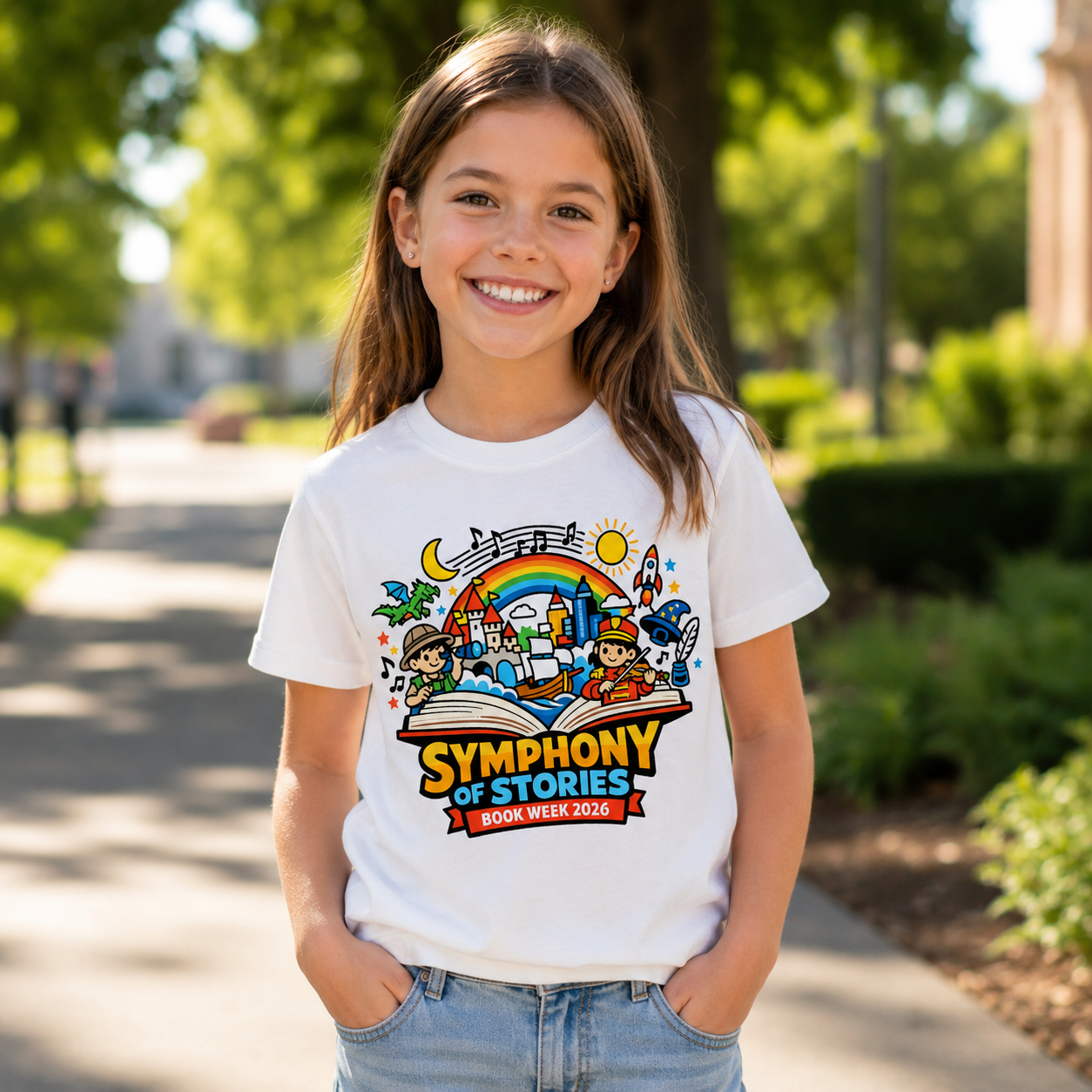 Young girl wearing a white t-shirt with 'Symphony of Stories' design outdoors.