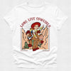 White t-shirt with a graphic of a cowgirl riding a horse and 'Long Live Cowgirls' text on a white background