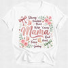 White t-shirt with floral and text design on a white background