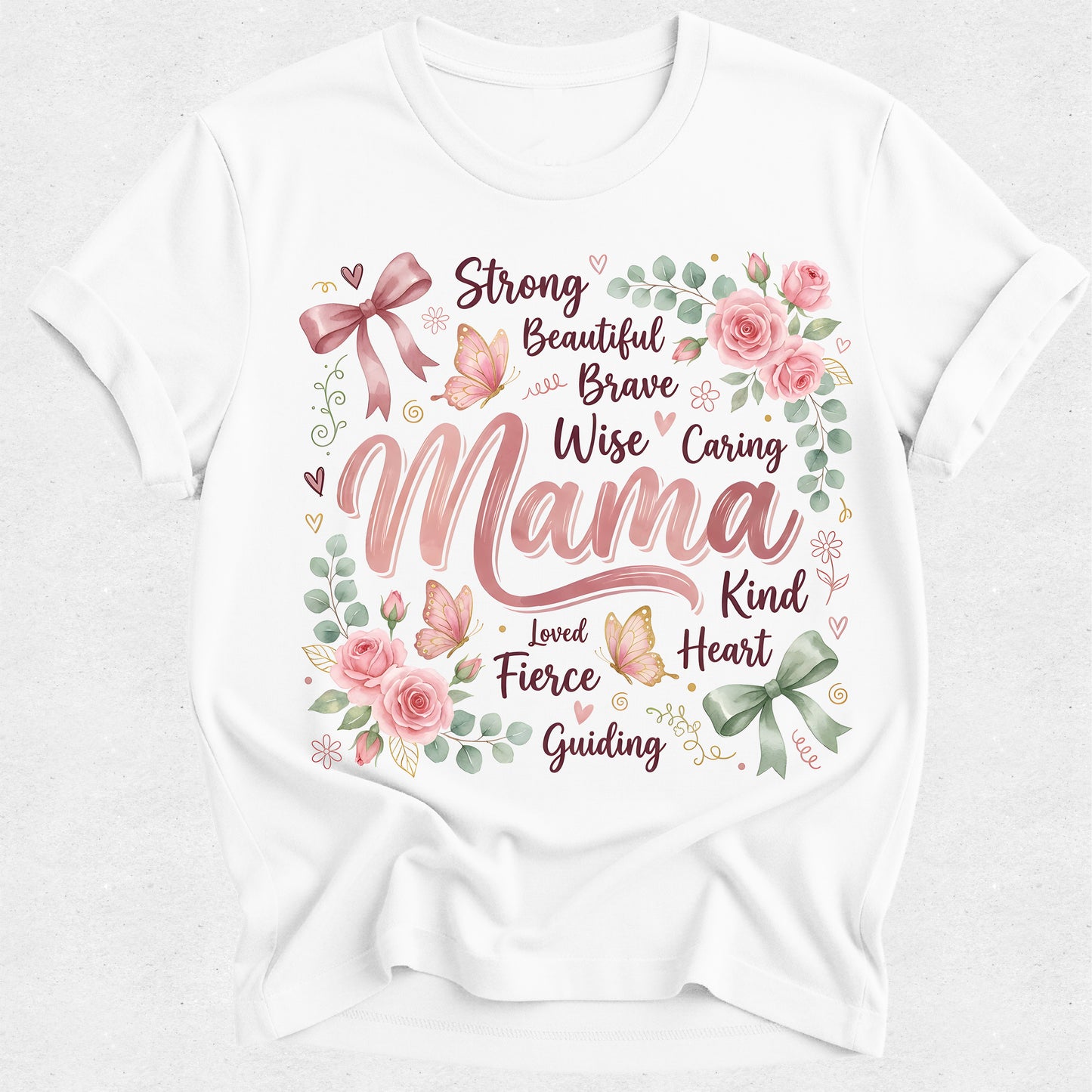 White t-shirt with floral and text design on a white background