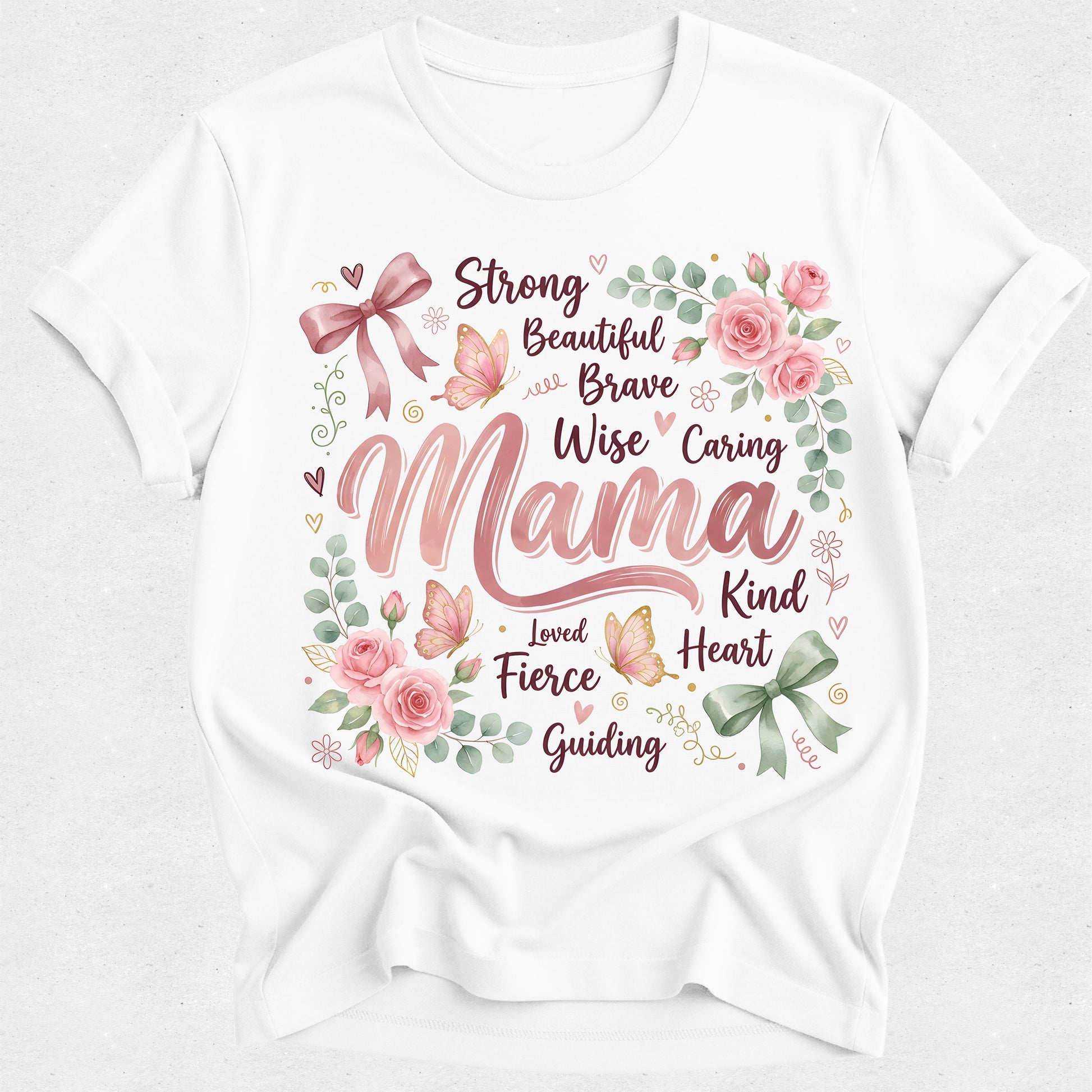 White t-shirt with floral and text design on a white background