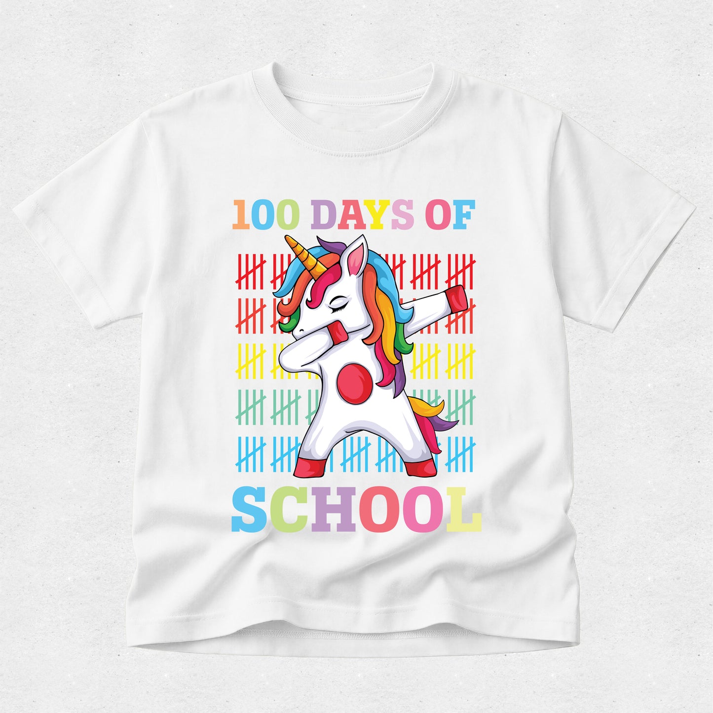 White t-shirt with a colorful unicorn design and '100 Days of School' text on a white background