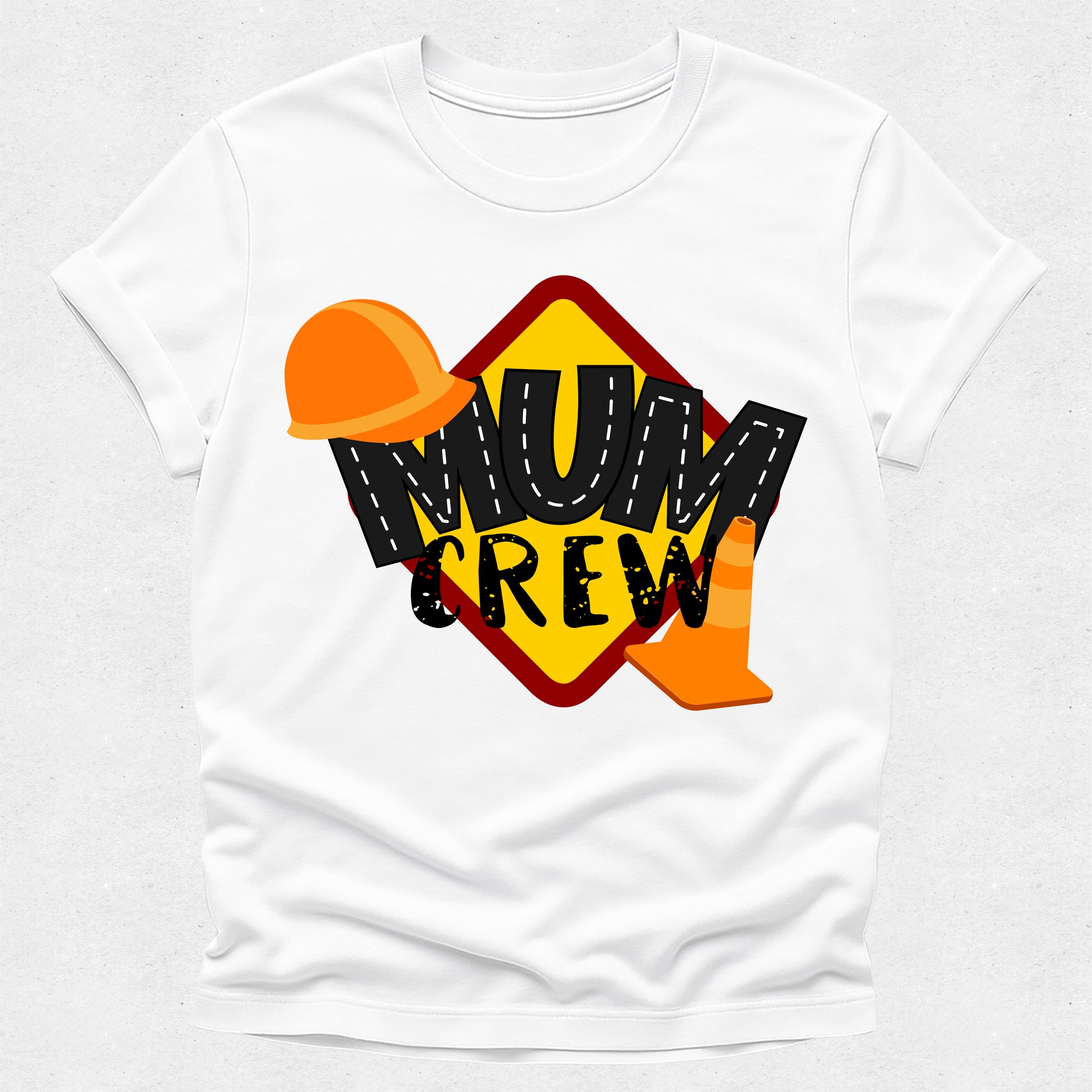 White t-shirt with 'Mum Crew' graphic design featuring a hard hat on a white background
