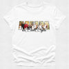 White t-shirt with a family photo and 'MUM we love you' text on a white background