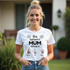Woman wearing a white t-shirt with 'This awesome mum belongs to' text and three small images of children.