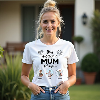 Woman wearing a white t-shirt with 'This awesome mum belongs to' text and three small images of children.