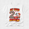 White t-shirt with 'Pit Crew of the Birthday Girl' design featuring a car and checkered pattern on a white background.