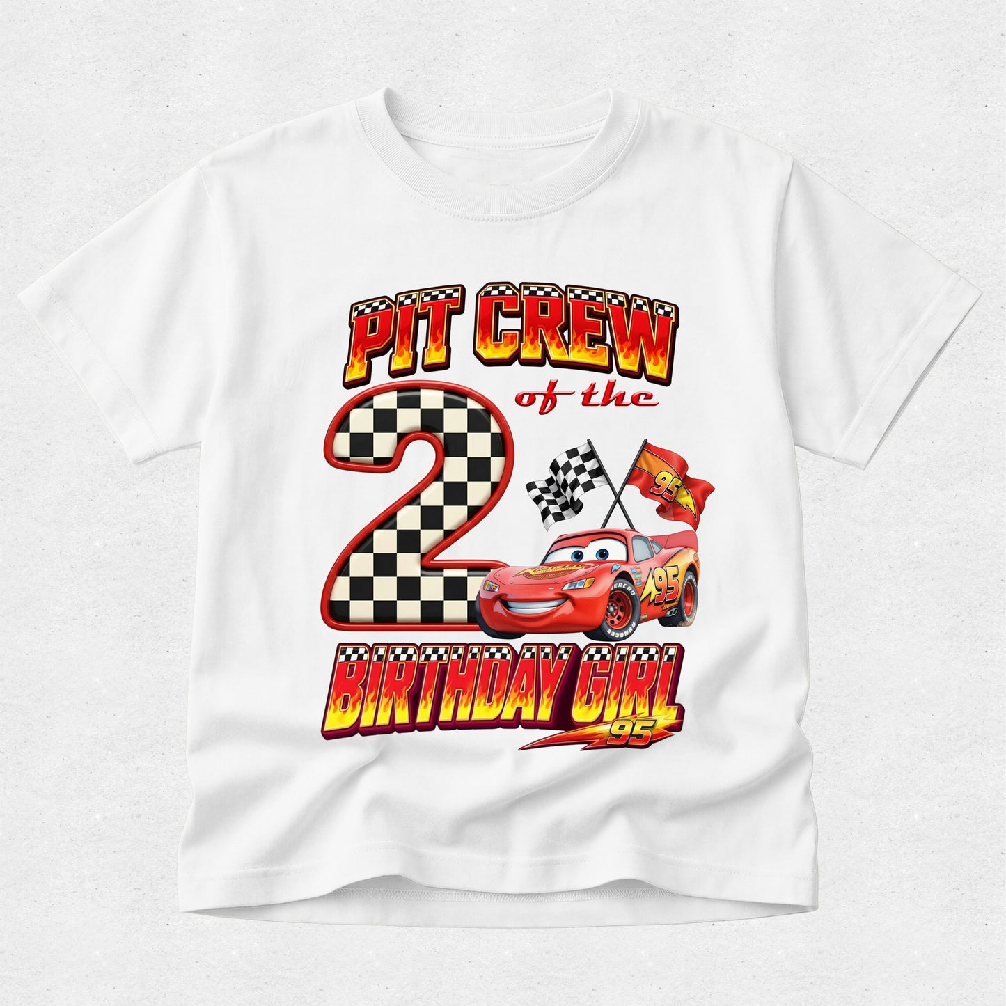 White t-shirt with 'Pit Crew of the Birthday Girl' design featuring a car and checkered pattern on a white background.