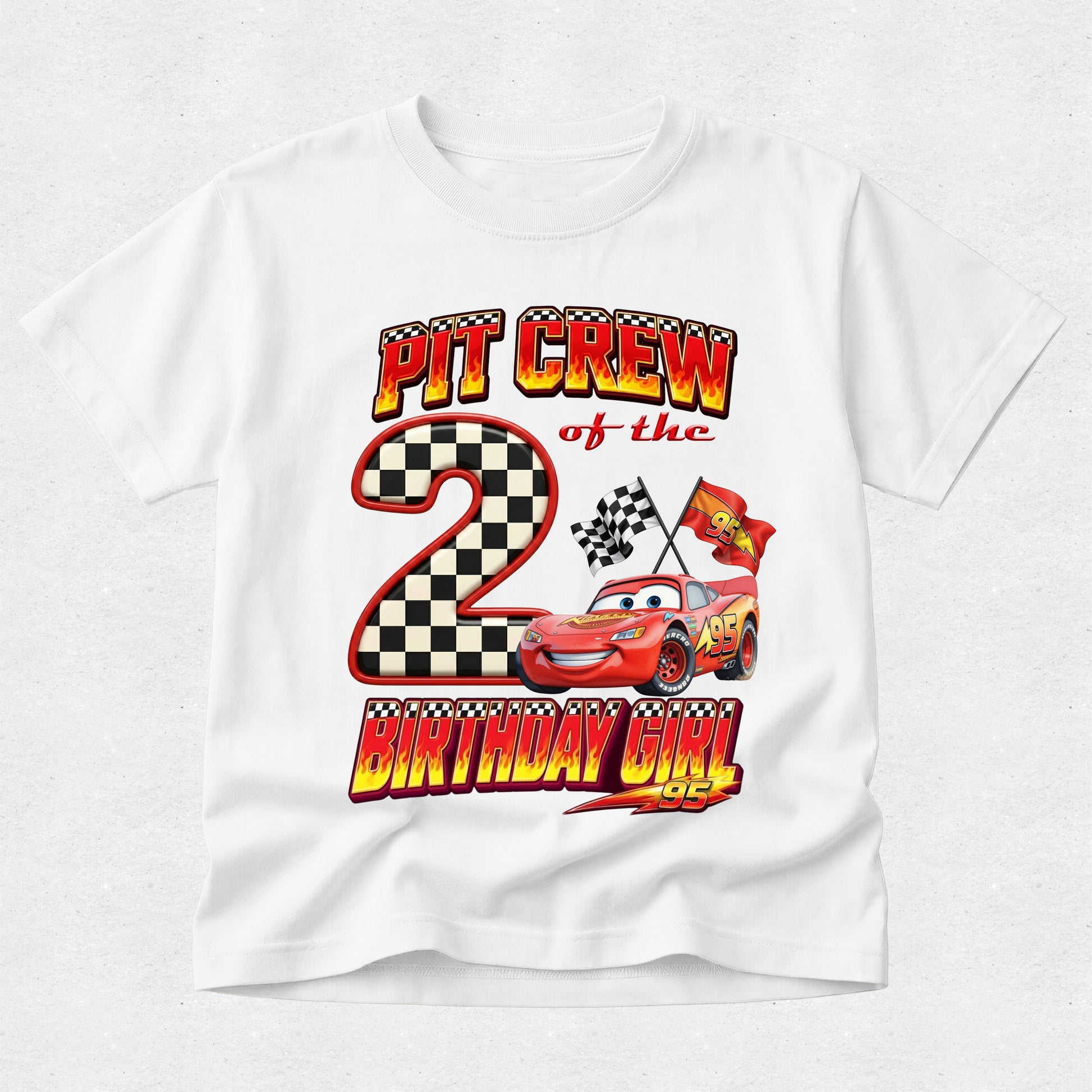 White t-shirt with 'Pit Crew of the Birthday Girl' design featuring a car and checkered pattern on a white background.