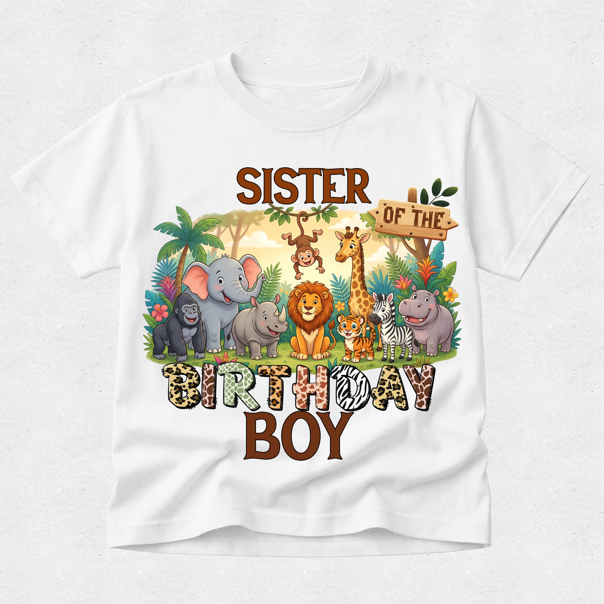 White t-shirt with jungle-themed design featuring animals and text on a white background