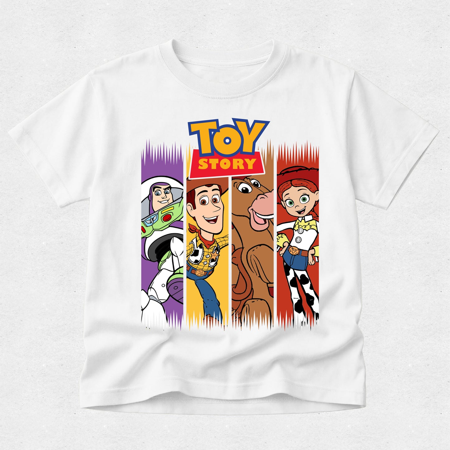 White t-shirt with Toy Story character design on a white background