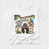 White t-shirt with cartoon animals and 'Wild One' text on a white background