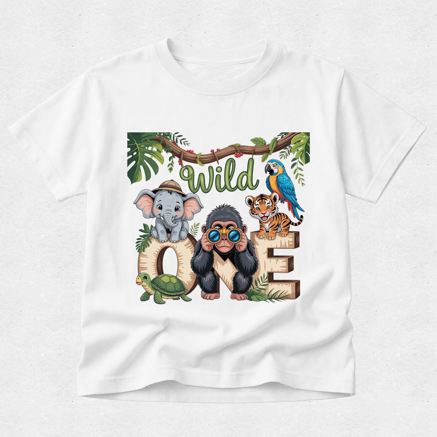 White t-shirt with cartoon animals and 'Wild One' text on a white background